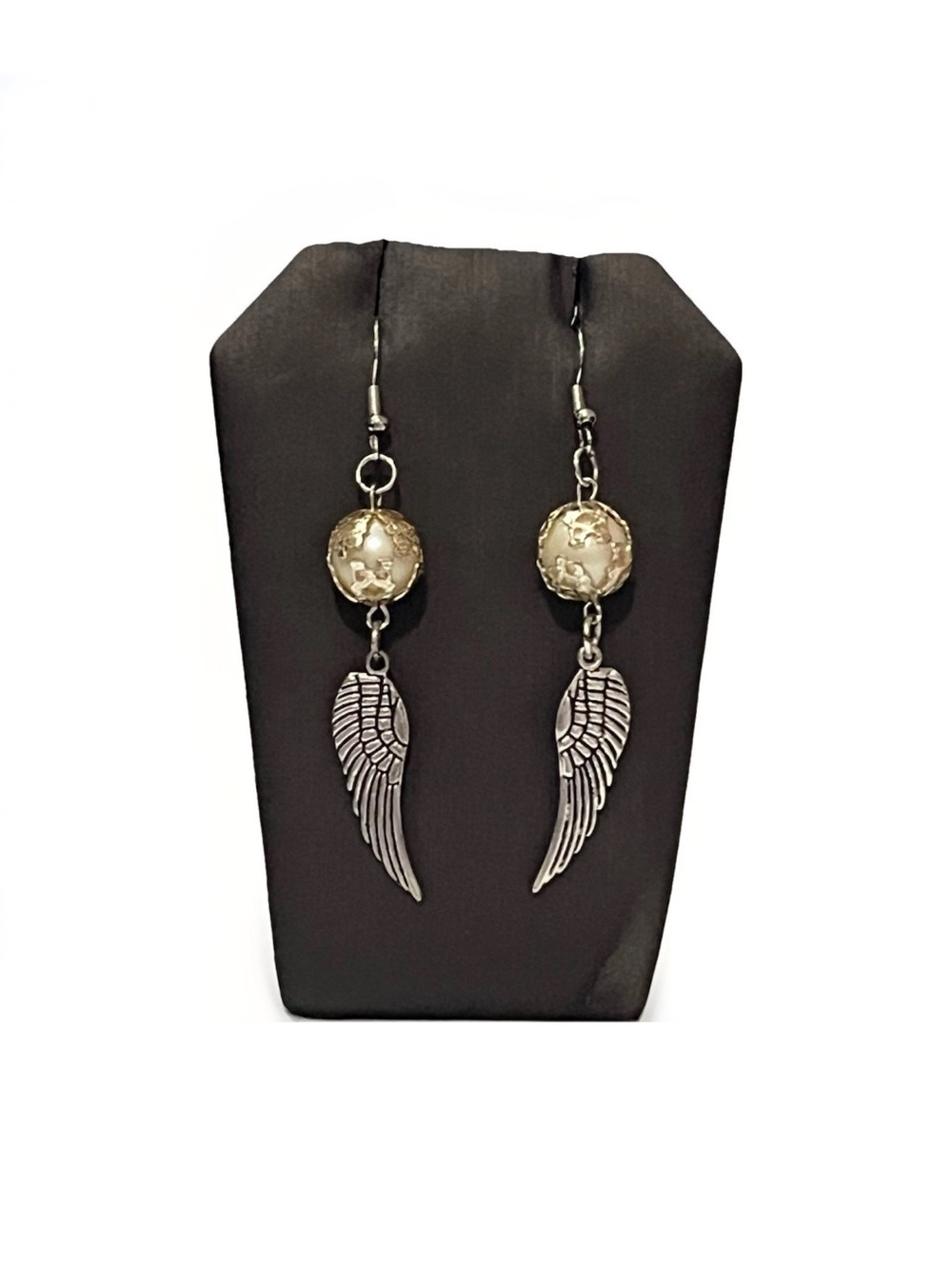 Handcrafted Silver Angel Wing Dangle Earrings with Cream Beaded Detail.